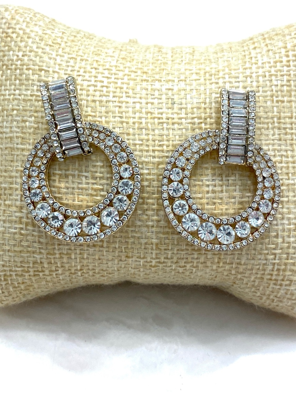 Gold Crystal Circle Drop Earrings with Clear Stones
